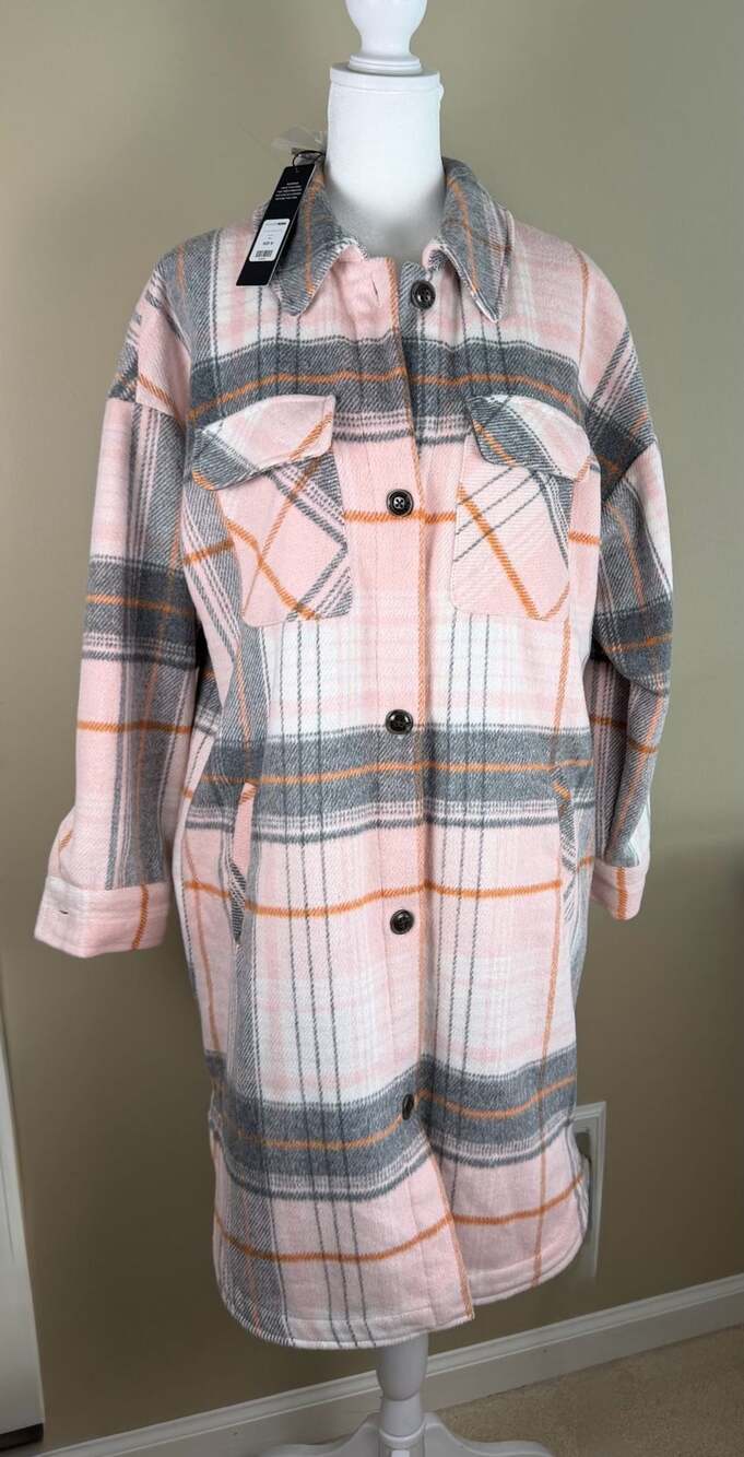 NWT Fashion Nova Get Lost Plaid Shacket Pink Gray Long Jacket Womens M